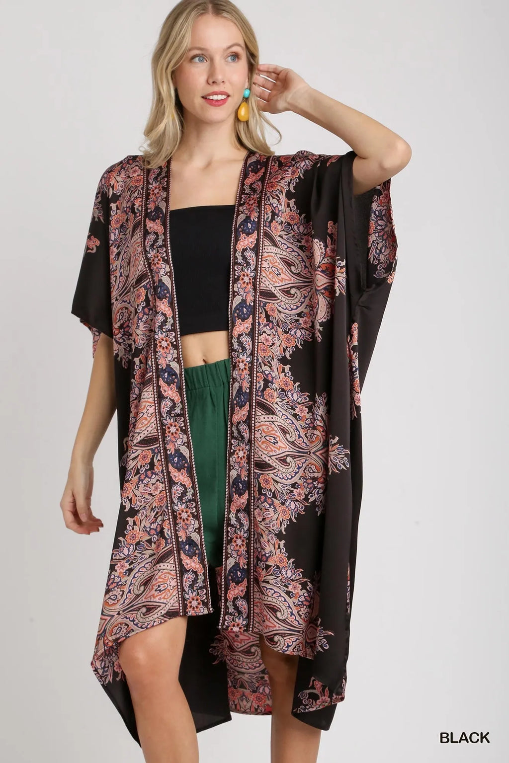 Umgee Kimono Satin Border Black Floral Print Short Sleeve Open Front Oversized Black a1693330-4d7a-4822-87e4-68cc0e9b4aa5-Max-Origin Trendsi