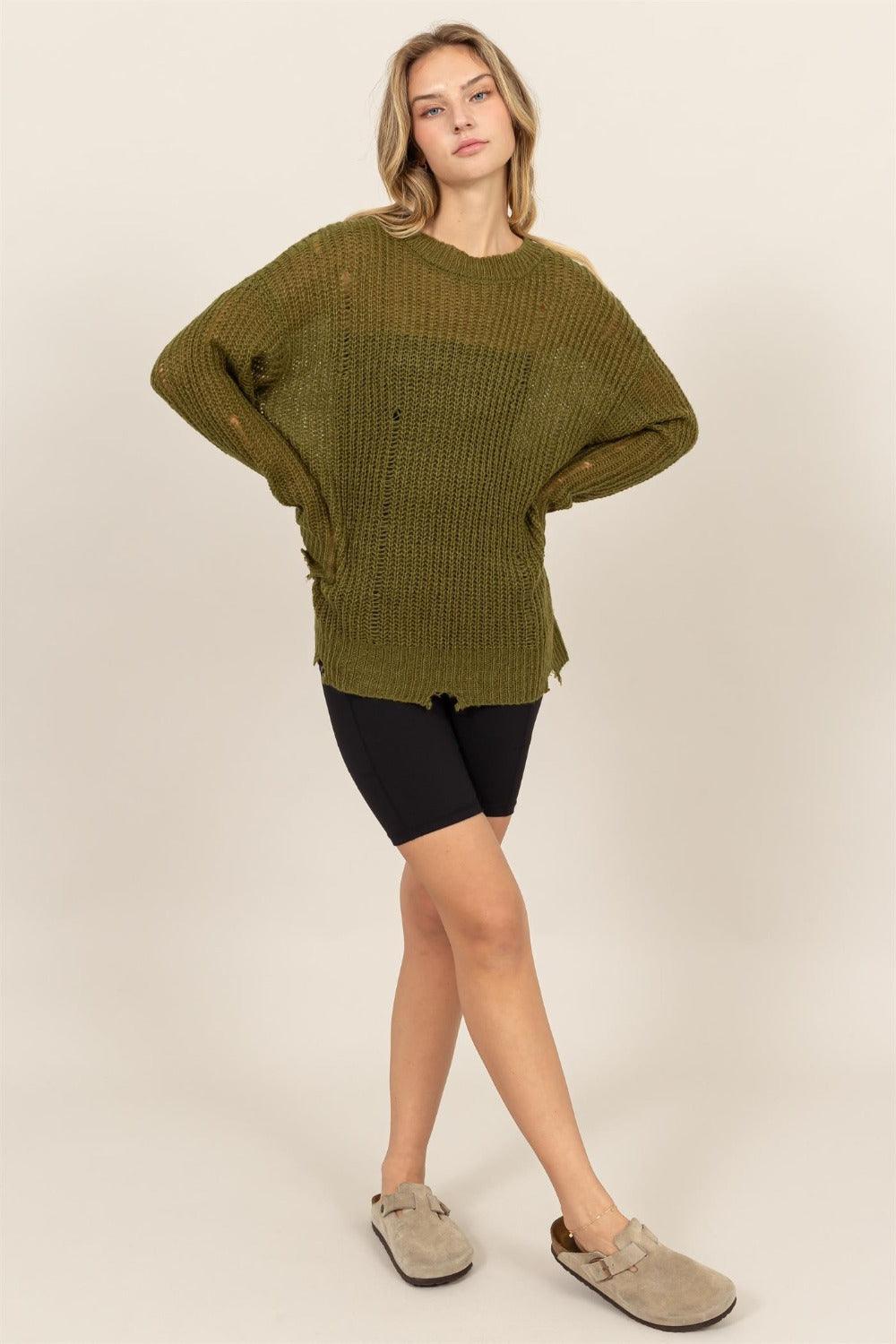 Knit Top US HYFVE Olive Green Distressed Long Sleeve Sweater