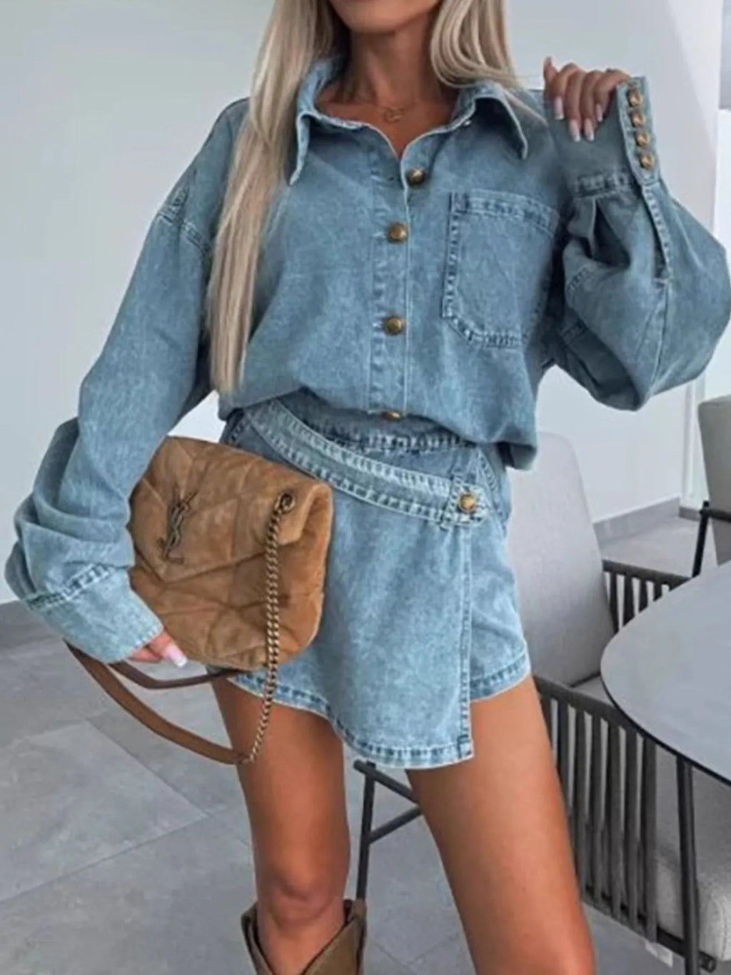 Women's Outfit Set Denim Oversized Shirt Long Sleeve and Mini Skort 2 Pcs a1761aa8-b7b5-4413-a5a2-d1a6472200bb-Max-Origin Trendsi