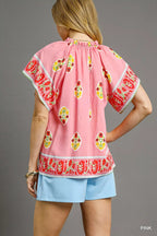 Umgee Blouse Pink Boho Bloom Border Print Short Sleeve Top a1763700-36fe-4f85-b5b1-43079490c930-Max-Origin Trendsi
