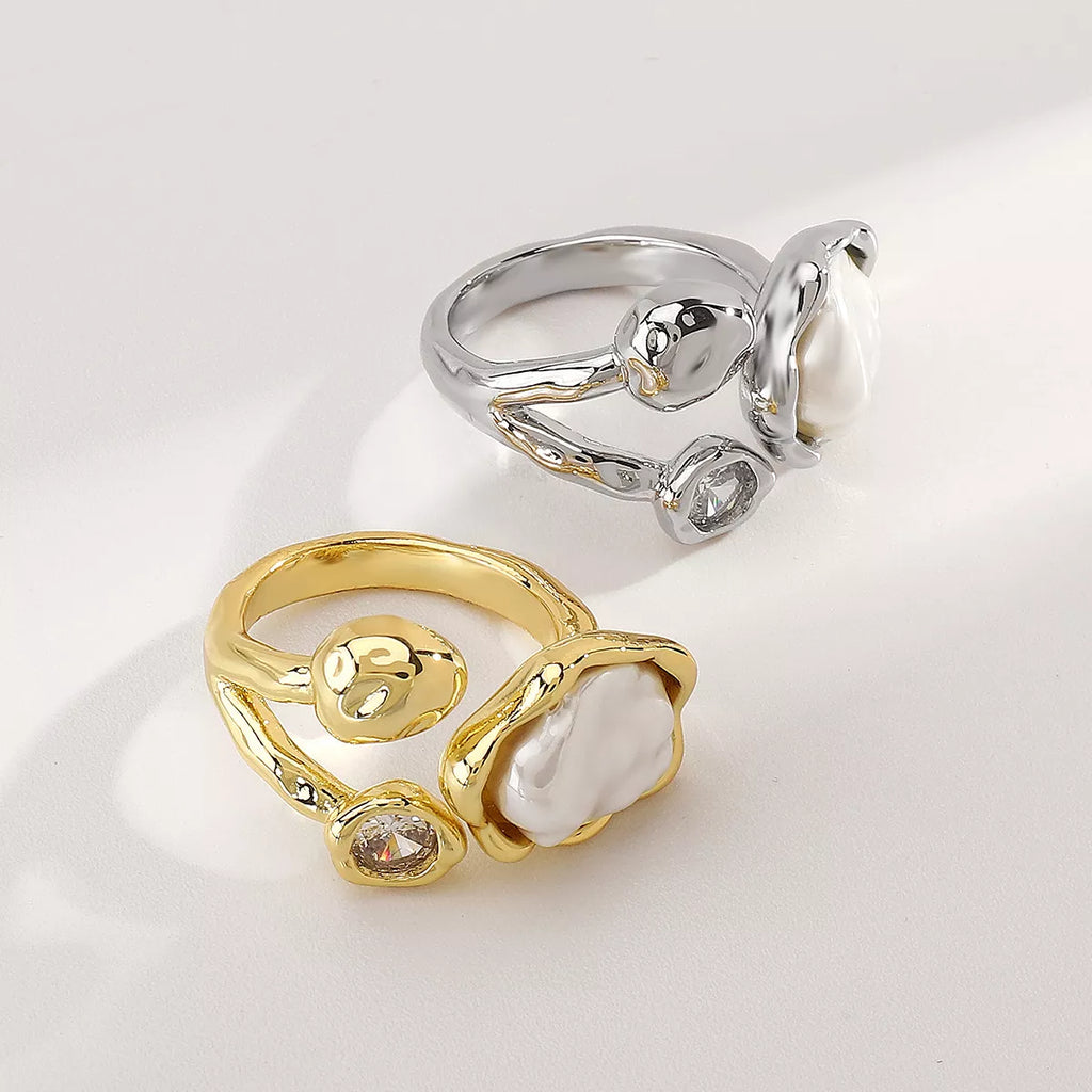 Womens Open Ring Irregular Pearl Zircon Silver-plated a1787a8d-6289-441e-8067-bcb8172f9666-Max-Origin Trendsi