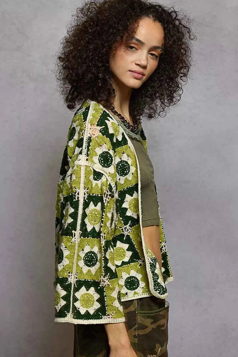 POL Crochet Knit Cardigan Olive Multi Floral Open Front with Varied Patterns a17eeda0-9fe2-4d2e-ba90-65d5e30acadf-Max-Origin Trendsi