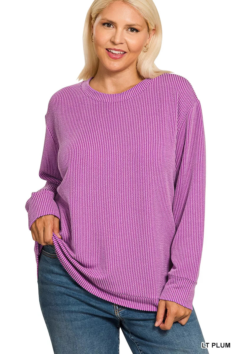 Zenana Raised Rib Blouse Light Plum Round Neck Long Sleeve Top a180afb5-6697-45dd-bb42-90382a1682ec-Max-Origin Trendsi