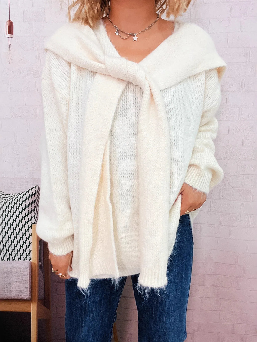 Women's Sweater with Shawl Knit Ribbed Ribbed Hem V-Neck Long Sleeve White One Size a1841d03a433498fb62d6394ee14156a-Max-Origin Trendsi