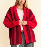 Davi & Dani Cable-Knit Cardigan Burgundy Stripe Women Loose Open Knitwear Burgundy a184967c-27c0-4f02-a2f7-431b23a2bf24-Max Trendsi