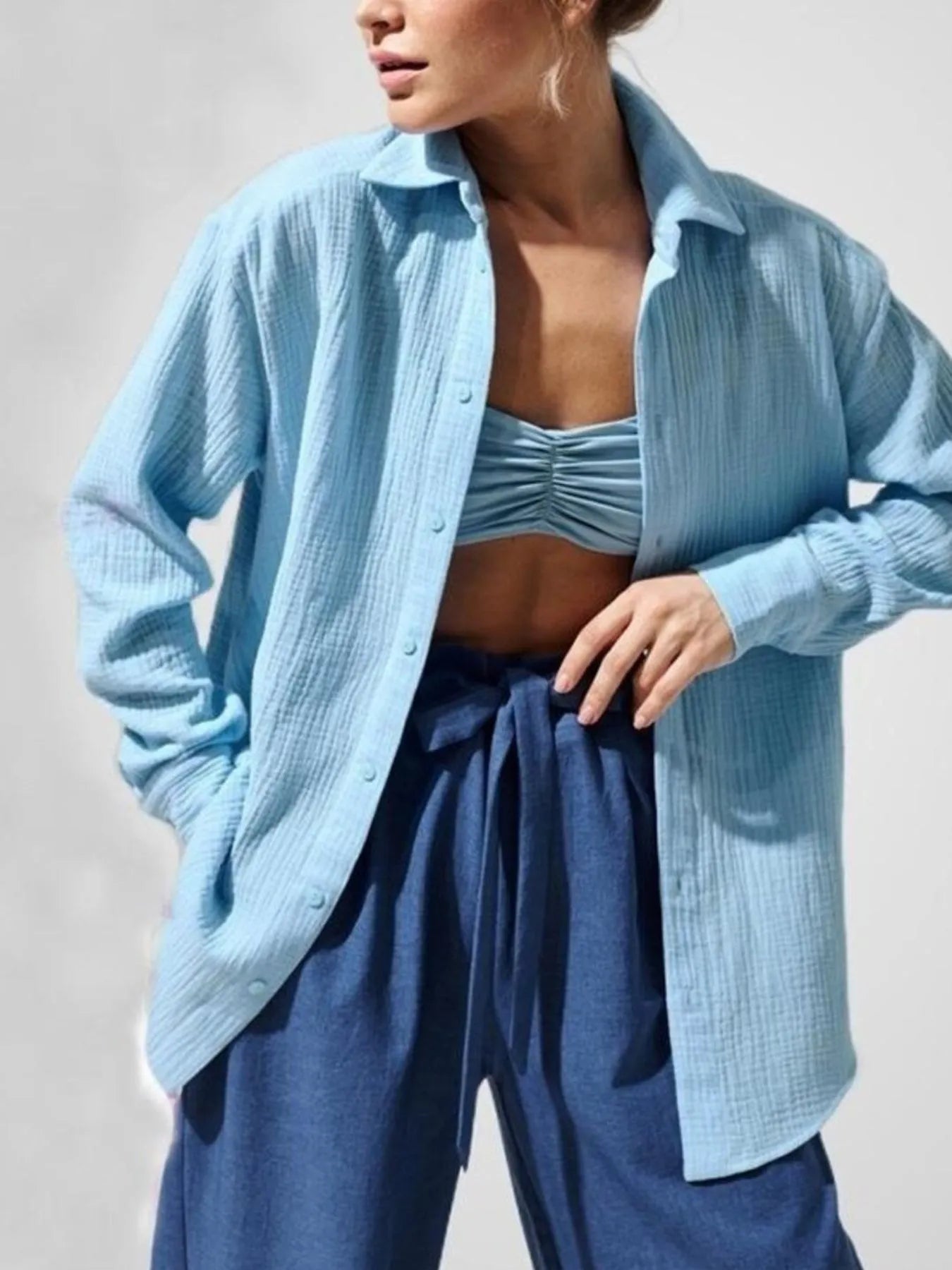 Women's Shirt Texture Oversized Button Up Long Sleeve Top a198d055-6e9a-4ed2-a604-78d62744ffbe-Max-Origin Trendsi