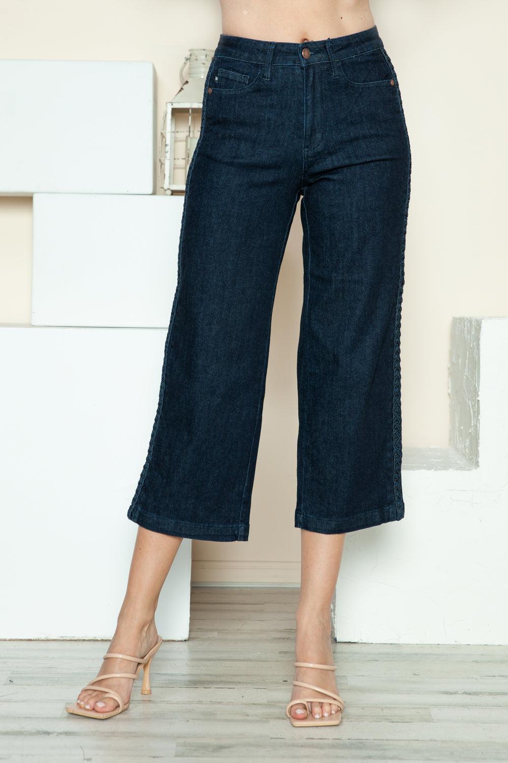 Judy Blue US Crop Wide Leg Jeans Side Seam Braid Detail Denim Capri Dark a1992fe1-73fe-4e34-8a8e-a20a637b4fe2-Max Trendsi