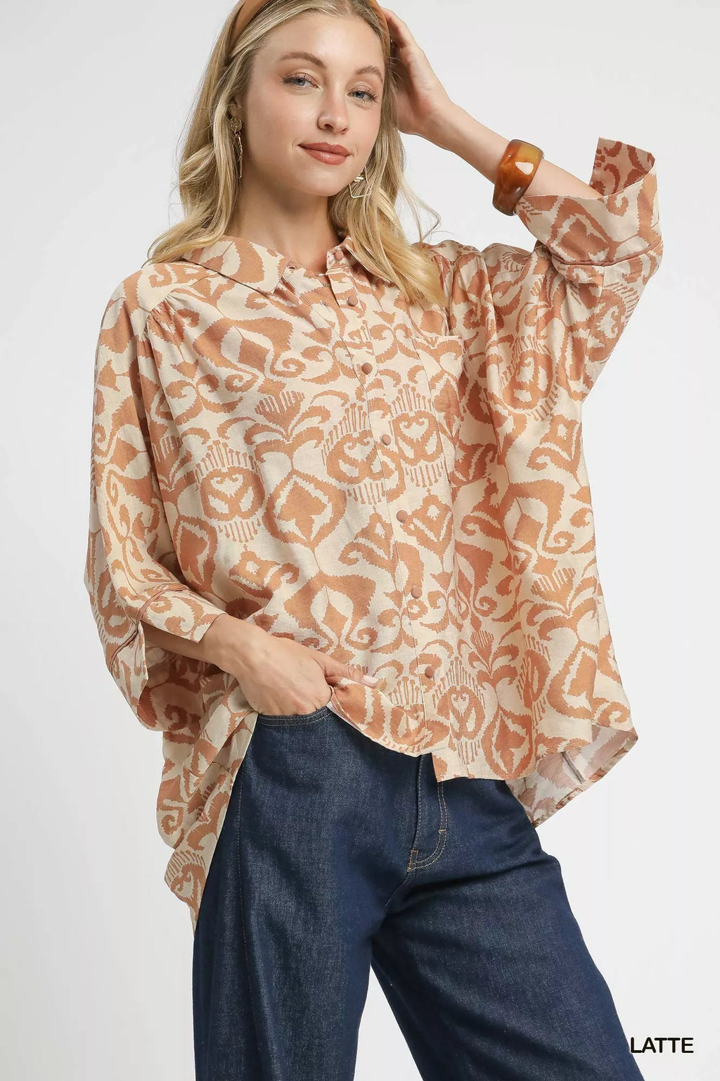Umgee Womens Shirt Latte Abstract Print Button-Up Oversized Top a19ade48-f24c-4bec-a2e7-49f17069b5e2-Max-Origin Trendsi