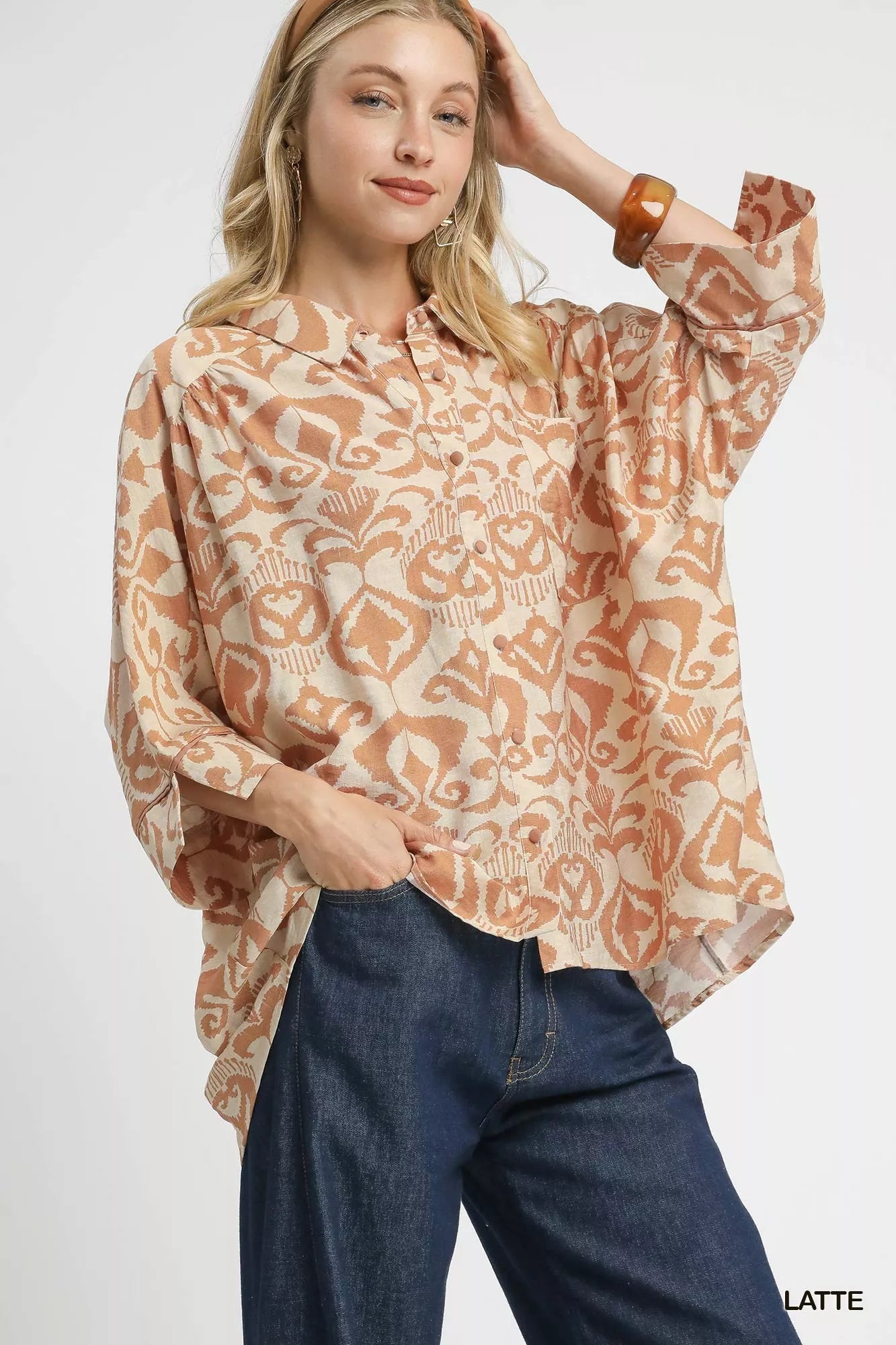 Umgee Womens Shirt Latte Abstract Print Button-Up Oversized Top a19ade48-f24c-4bec-a2e7-49f17069b5e2-Max-Origin Trendsi