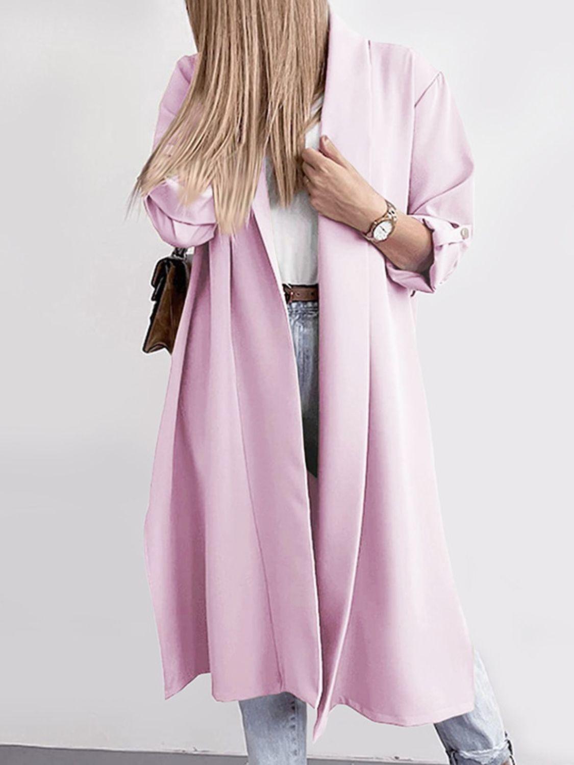 Trench Coat Slit Open Front Roll-Tab Sleeve Outwear Pink Purple a19b51b2-70ef-4aab-be98-de18ef29e220-Max Trendsi