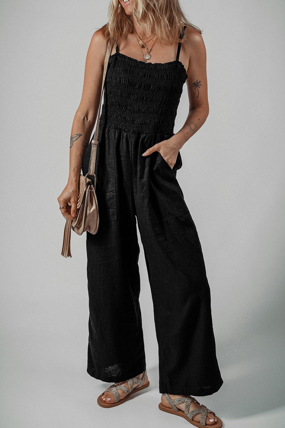 Jumpsuit Black Smocked Spaghetti Straps Wide Leg Overall Black a19c03b9-265f-48e6-bd68-bb1fe6f2ee2d-Max Trendsi