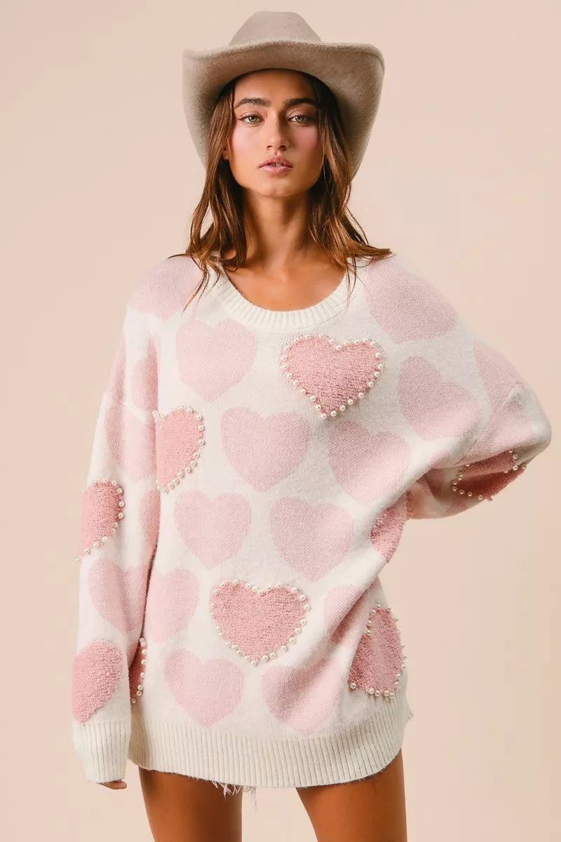 BiBi Womens Sweater Light Pink Heart Pattern with Pearl Detail LT PINK a1a400aacb5b4cc5a42bf826799e6472-Max-Origin Trendsi