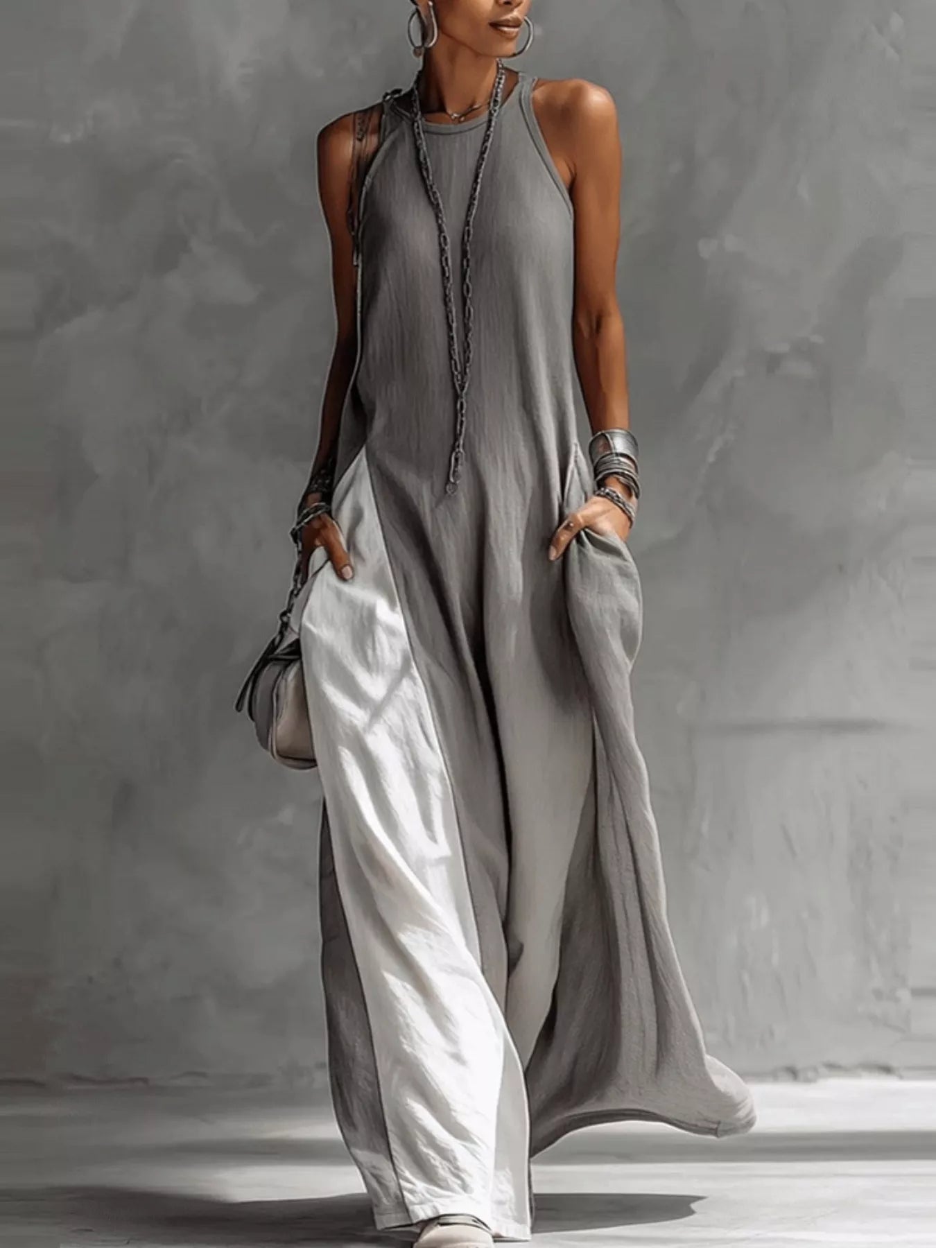 Two-Tone Sleeveless Maxi Dress with Pockets, Non-Stretch, Unlined, 100% Polyester