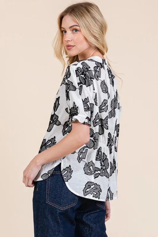 Lime 'N' Chili Blouse Floral Black Ivory Embroidered Split Neck Puff Sleeve a1aaf123e524470dbe09b1aa7831e6dd-Max-Origin Trendsi