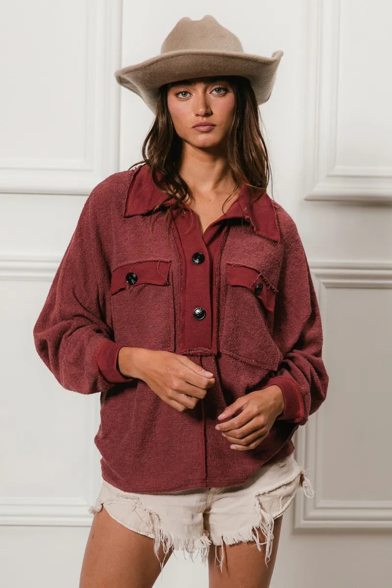 BiBi Women's Collared Top Cp French Terry Cut Edge Detail Pocketed a1b0c52d660742fd84c27ee54000b6fb-Max-Origin Trendsi