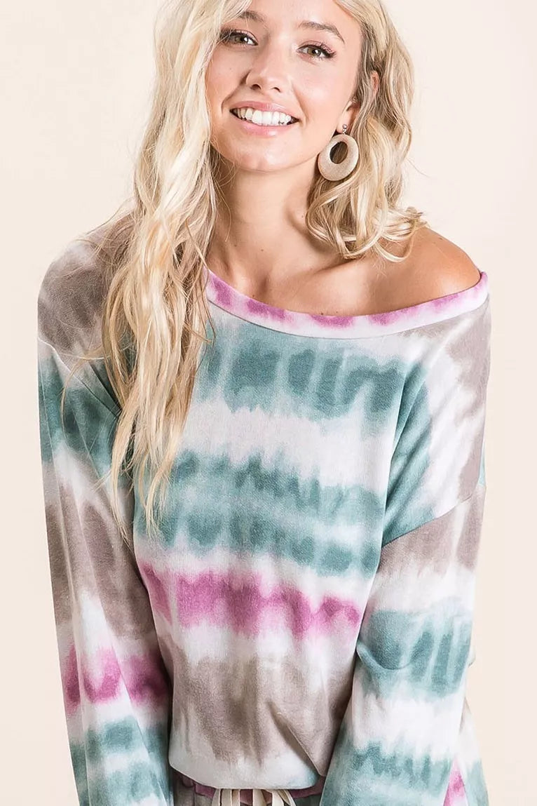 BiBi Women's Sweatshirt Tie Dye Print Terry Multicolor Long Sleeve Top JADE FUCHSIA TAUPE a1ba72c5da574608bd55dafe4b8620d0-Max-Origin Trendsi
