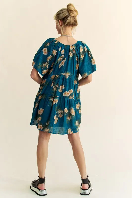 Davi & Dani Mini Dress Floral Print Teal Blue Short Bell Sleeve Pleated Pocketed a1cb22352016464fba0d7800cb198615-Max-Origin Trendsi