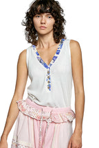 POL Ribbed V-Neck Tank Top with Contrast Floral Neckband