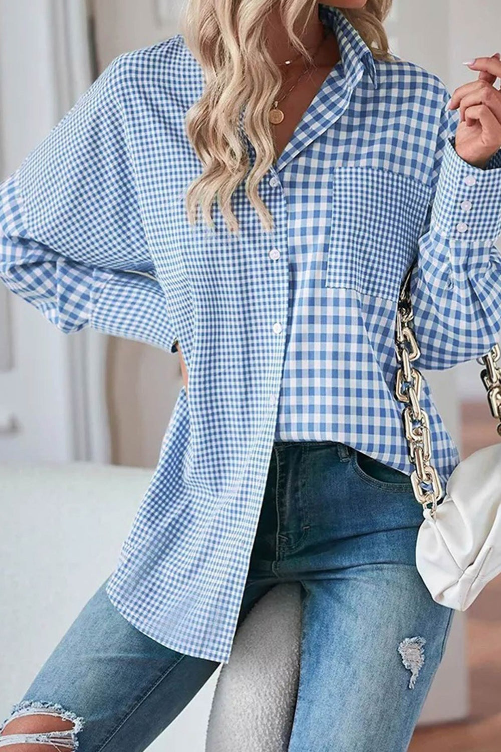 Women's Plaid Shirt Light Blue Button Up Long Sleeve Pocketed Tops a1d3e2d3-31cc-4e76-bdc5-bd6ade7f74f5-Max Trendsi