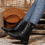 Women's Boots Pu Leather Lace Up Zip Round Toe Block Mid Heels Shoes a1e22f6c12c9433ba8b7b22adb07f150-Max-Origin Trendsi