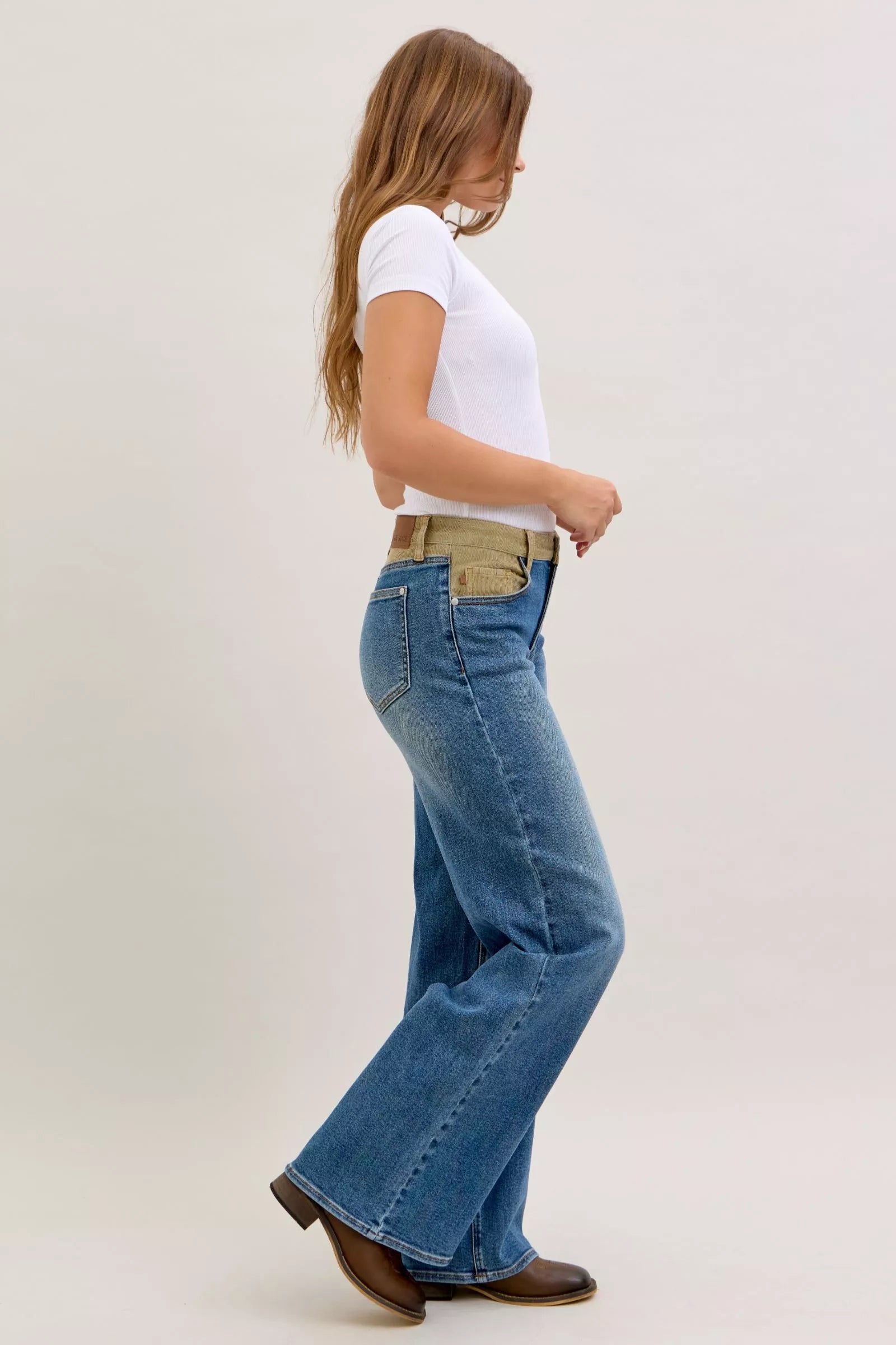 Judy Blue Straight Jeans MR Column with Corduroy Waist Medium Wash a1ee02a0-9a28-45b6-b9f8-7f1c0c0bead9-Max-Origin Trendsi