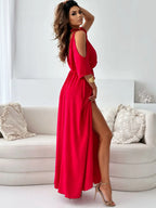Maxi Summer Dress V Neck Tied Shoulder Slit Short Sleeve High Waisted a1f590e7-2ddc-4229-8511-03c8ca103c7c-Max-Origin Trendsi