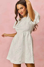 SO ME Jacquard Mini Dress White Floral Bubble Shorts Sleeves a1fd74847c9e4c51be2283e86f77e11b-Max-Origin Trendsi