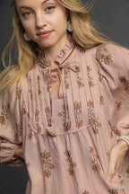Umgee Women's Blouse Stone Brown Floral Boho Peasant Ruffle Tied Top a2029ab0-74c3-4c3b-92cd-9888c974ff98-Max-Origin Trendsi
