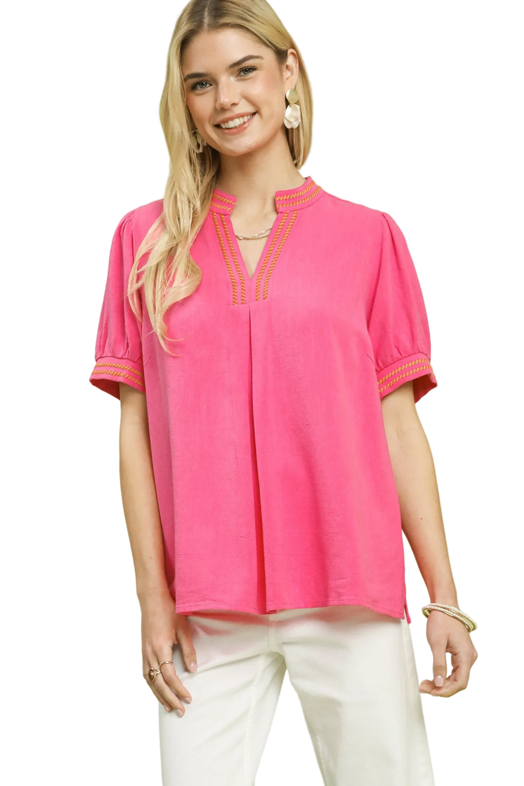Umgee Embroidered Linen Puff Sleeve Blouse