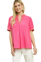 Umgee Embroidered Linen Puff Sleeve Blouse