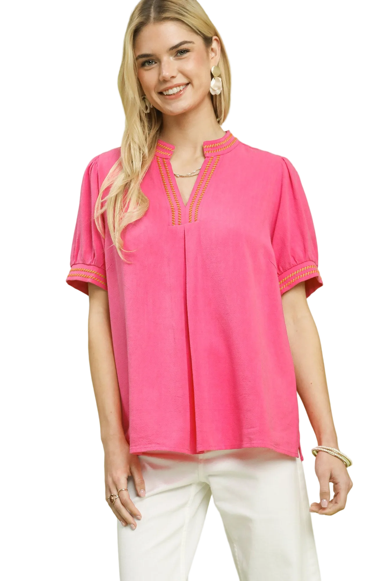 Umgee Embroidered Linen Puff Sleeve Blouse
