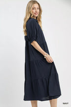 Umgee Midi Dress Ruffled Navy Blue Solid Tiered Short Puff Sleeves a2104d1e-caea-4223-8a02-21fe1aef6644-Max-Origin Trendsi