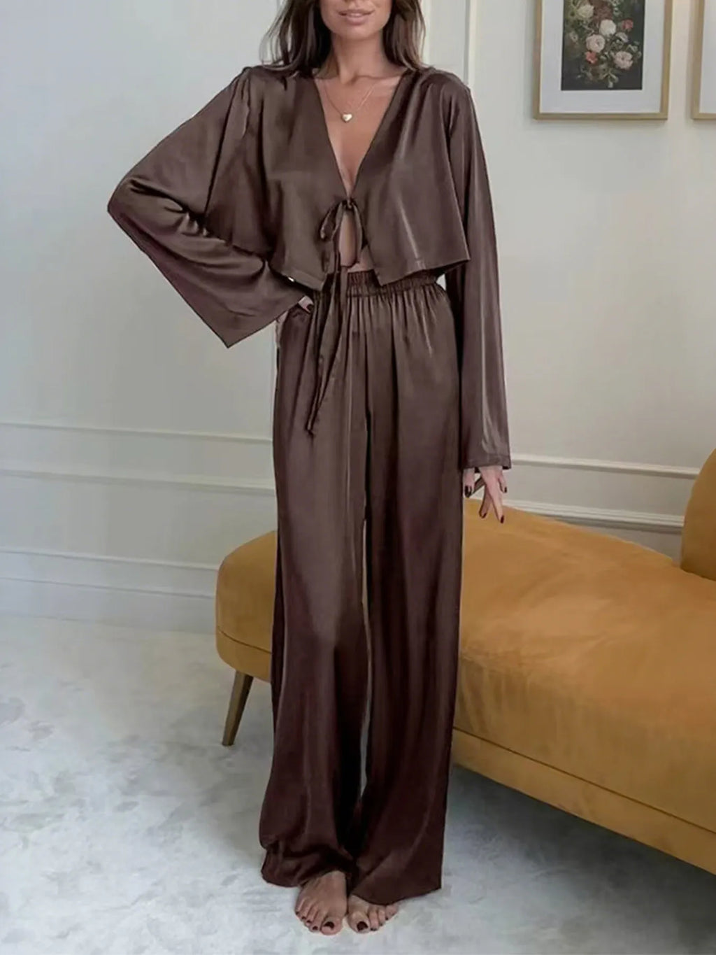 Women's Outfit Set Tie-Front Crop Top and Pants Coffee Brown Coffee Brown a2112f6d0b7e49daab42448906df1748-Max-Origin Trendsi