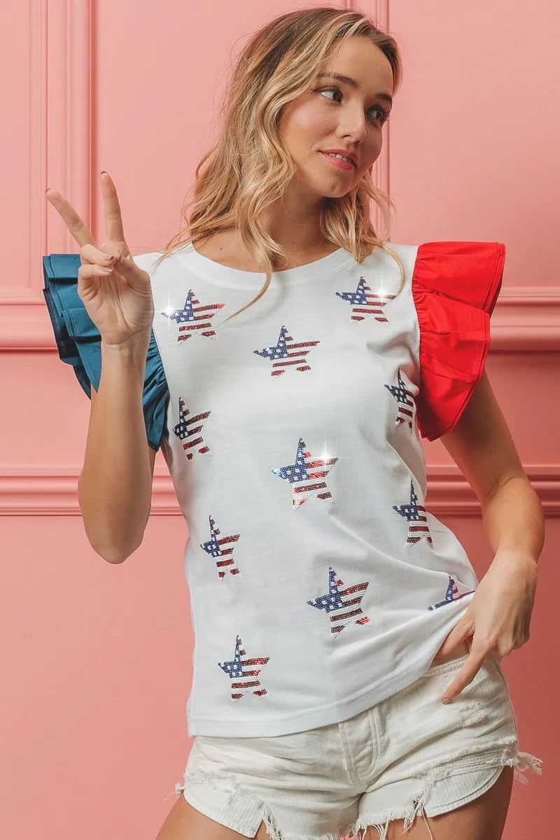 BiBi American Flag T-shirt Women's Sequin Stars Cotton Top a214e3c192b143799982cd20ba336879-Max-Origin Trendsi