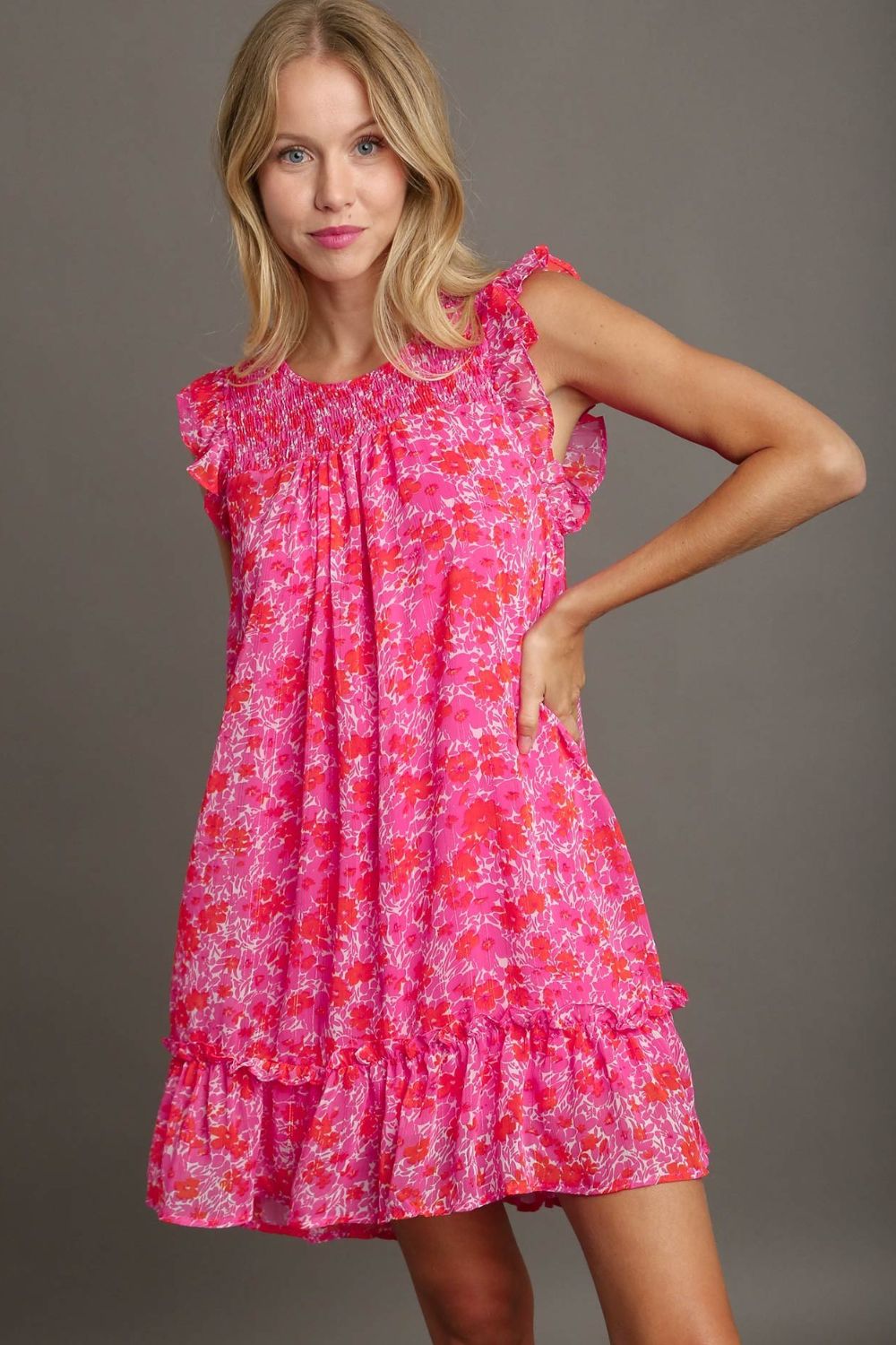 Umgee Ruffle Dress Smocked Hot Pink Floral Metallic Print Short Sleeve S-2XL a215f720-b970-42be-8da1-ea177f146537-Max Trendsi