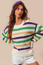 SO ME Sweater Knit Ivory Mardi Gras Color Stripe Long Sleeve Top a21fd42053244778b24d1a10397b7a0d-Max-Origin Trendsi