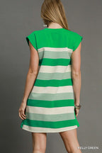 Umgee Mini Dress Striped Green French Terry Side Slit Short Sleeve a2228b85-c2b2-4307-8bb1-289da2ce0002-Max-Origin Trendsi