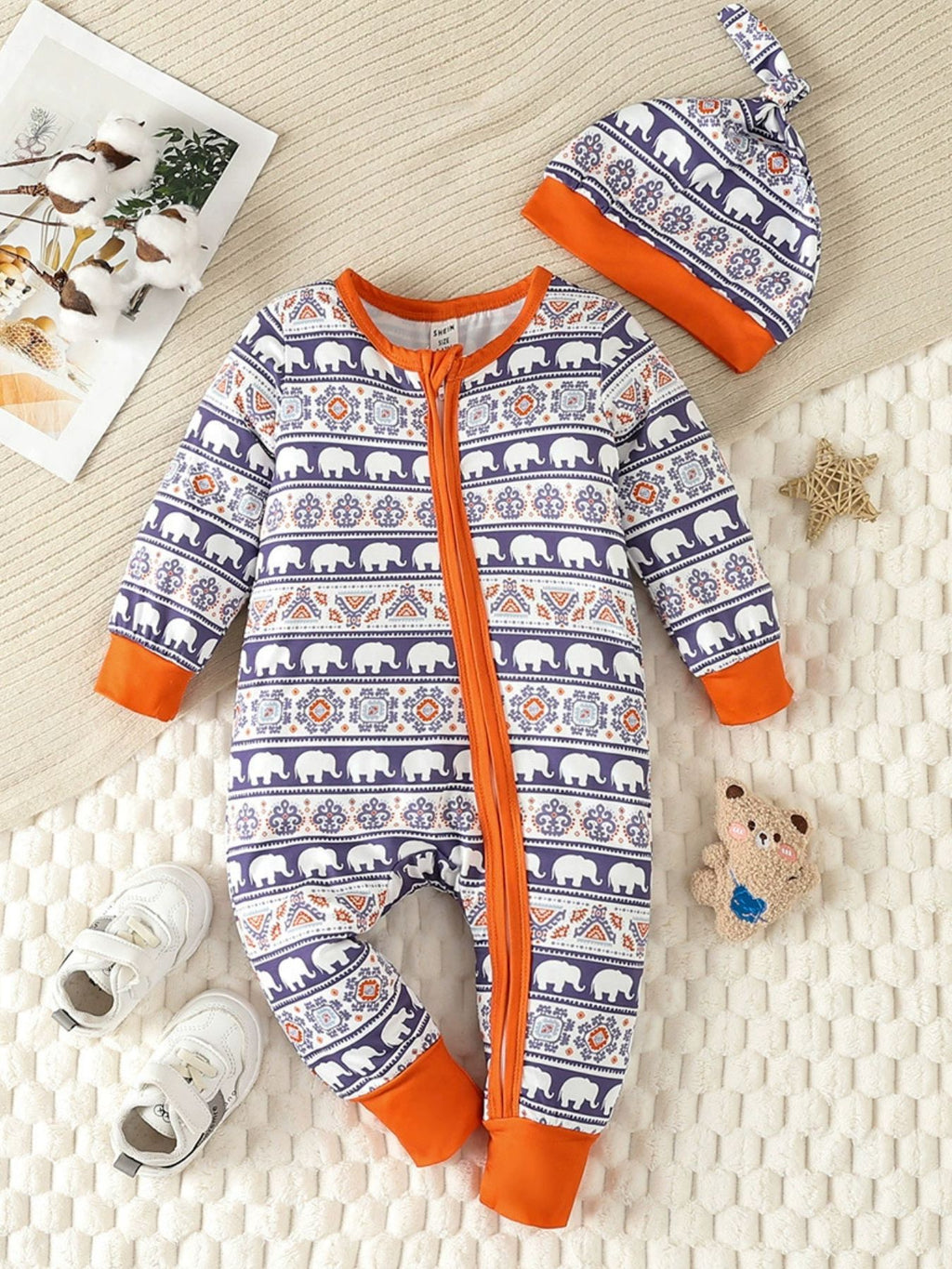 Children's Elephant Print Jumpsuit and Hat Set