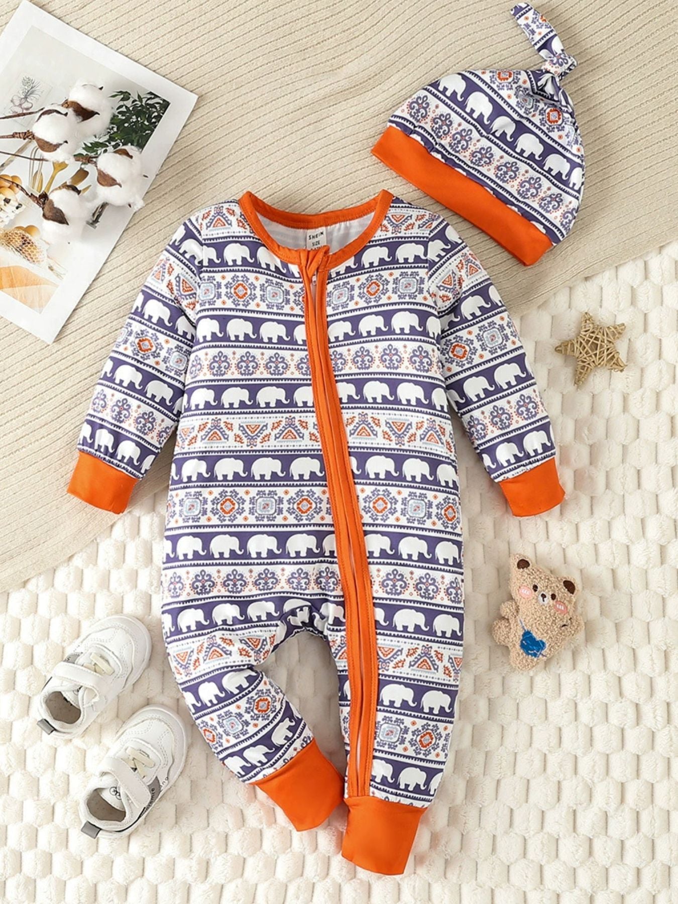 Children's Elephant Print Jumpsuit and Hat Set