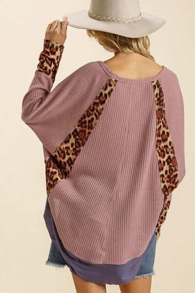 Umgee USA Waffle Knit Top Plus Size Leopard High-Low Dolman Long Sleeve a2255f86-1c95-47f5-b322-093ec6002c73-Min Trendsi