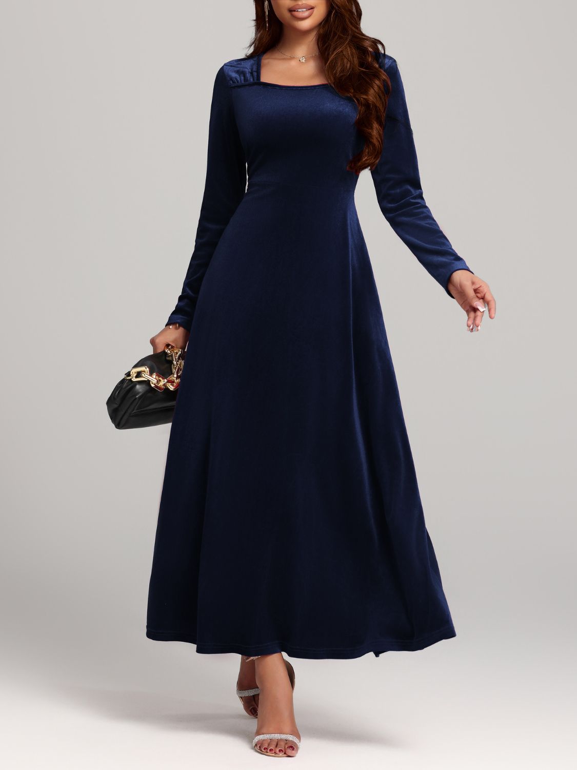 Velvet Midi Dress Square Neck Long Sleeve Women Solid Party Dress a22737a9-36fc-4b1d-a3a8-f13fa880168e-Max Trendsi