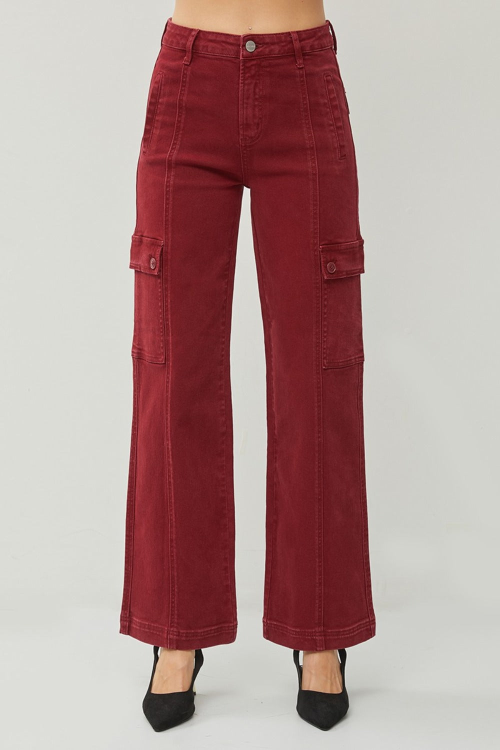 RISEN Wide Leg Cargo Jeans Burgundy High Waist Women Cotton Denim Pants Pocketed a2279b4d-b6db-43a8-b02a-1be13e8ddeba-Max Trendsi