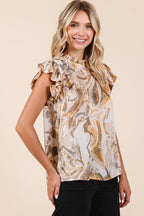 Mittoshop Satin Top Tan Abstract Print Ruffle Short Sleeve Blouse a228cce7-3a0c-433f-a8eb-381a3bb127ef-Max Trendsi