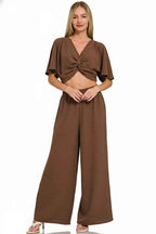 Zenana Women’s Woven Airflow Top & Wide Leg Pants Set Lightweight Casual Outfit