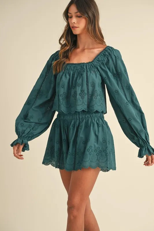 MABLE Outfit Set Embroidered Lace Teal Green Scalloped Long Sleeve Top and Short a2367beb951748acb6ed442d33d27e3c-Max-Origin Trendsi
