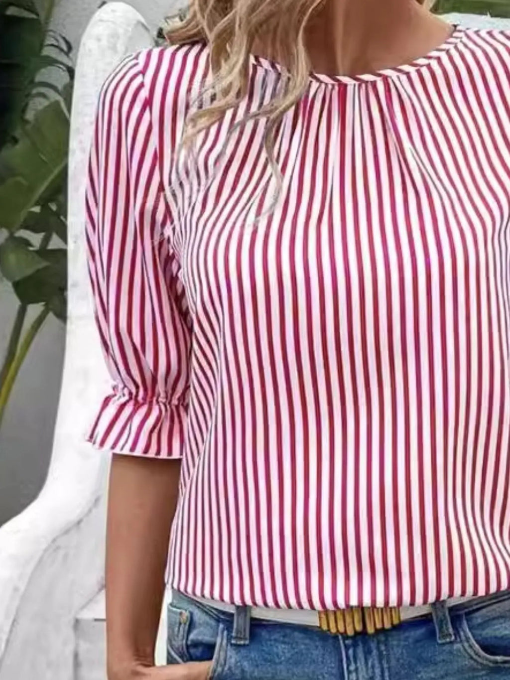 Women's Blouse Striped Round Neck Half Sleeve Casual Back Buttoned a2389d14-2b7e-4a1d-aaed-0d159cadfdc5-Max-Origin Trendsi