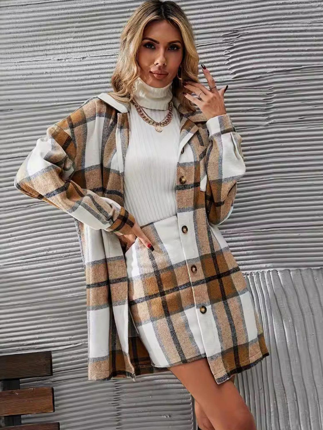 Plaid Outfit Set Button Up Long Sleeve Coat and Skirt Set