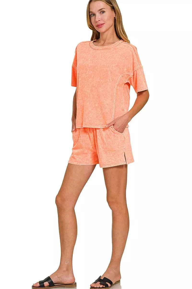 Zenana outfit Set Orange Halo Snow Washed Short Sleeve Top Tee and Shorts a249872f7011469f99140526cc068232-Max-Origin Trendsi