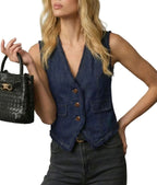 Denim Vest with Frayed Hem and Button Closure
