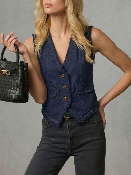 Denim Vest with Frayed Hem and Button Closure